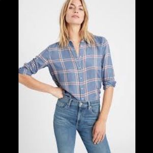 Blue plaid button-up top. Banana Republic size medium tall.